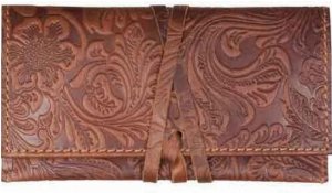 Leder-Tabaktasche Braun/Beige mit Flowerprint-Steppung