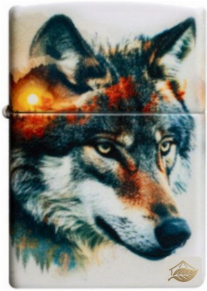 Zippo Benzinfeuerzeug Wolf und Berge, mattes Messing