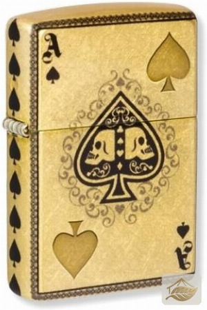 Zippo Kartenmotiv Pik Ass mit Totenköpfen, Fusion-Finish in Gold