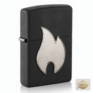 Zippo Feuerzeug Silbernes Flammen-Emblem, Schwarz Matt