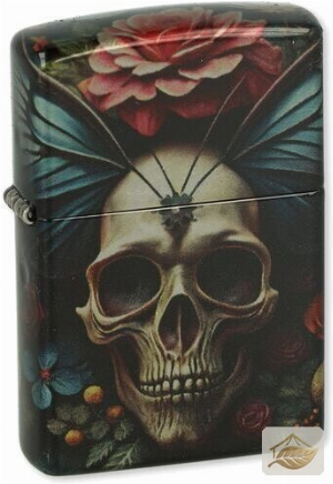 Zippo Totenkopf-Feuerzeug mit Blumen, Chrom bunt