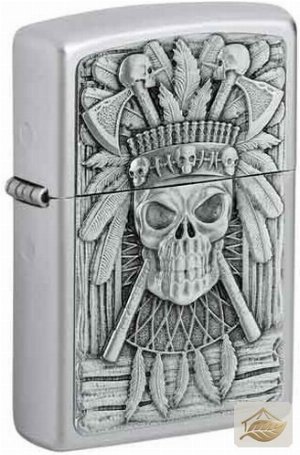 Zippo Indian Skull Feuerzeug, Plakette Satin Chrome