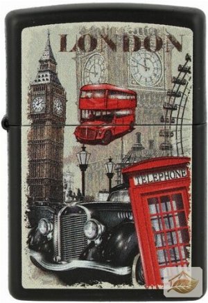 Zippo London-Feuerzeug, Schwarz Matt mit Stadtmotiv