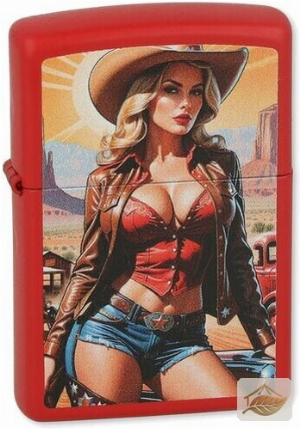 Zippo Cowgirl-Feuerzeug, Pinup-Motiv in Rot Matt