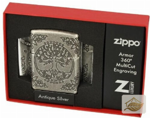 Zippo Lebensbaum Armor Case, tiefengraviertes Feuerzeug in Silber Antik