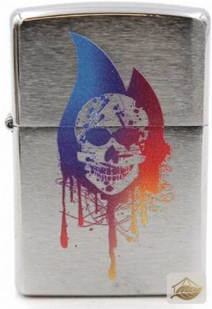 Zippo Feuerzeug Flamme mit Totenkopf, Brushed Chrome