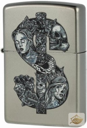 Zippo Tattoo Dollar Feuerzeug, Satiniertes Chrom Grau