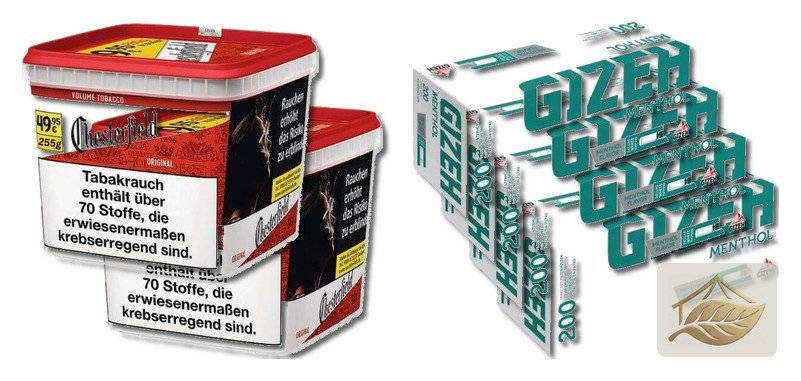 Chesterfield Rot Volumentabak-Set mit Gizeh Menthol Hülsen