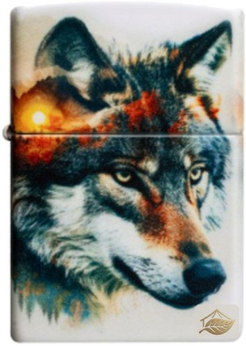 Zippo Benzinfeuerzeug Wolf und Berge, mattes Messing