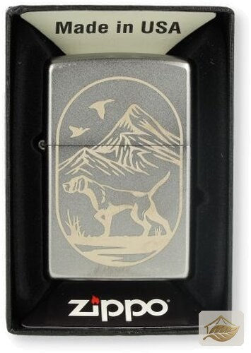 Zippo Jagdhund-Feuerzeug, Chrome Satin mit Lasergravur