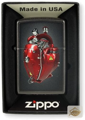 Zippo Feuerzeug Motor in Herzform, Grau mit rotem Farbdruck
