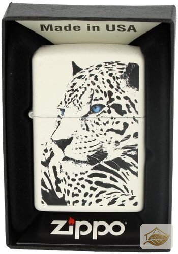 Zippo Leopard-Motiv mit blauen Augen, Gehäuse weiß matt