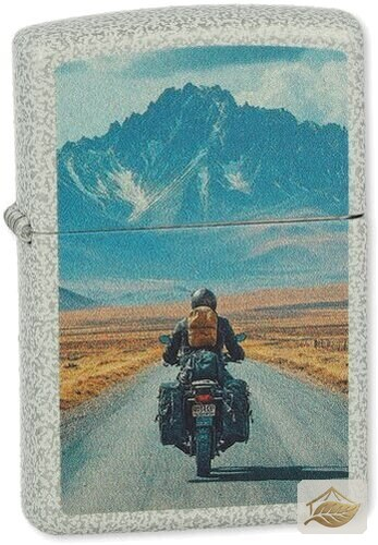 Zippo Motorradfahrer vor Bergpanorama, Silber-Weiß
