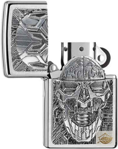 Zippo Benzinfeuerzeug Chrom gebürstet, Skull-Plakette Technic Trick