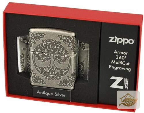 Zippo Lebensbaum Armor Case, tiefengraviertes Feuerzeug in Silber Antik