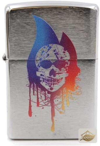 Zippo Feuerzeug Flamme mit Totenkopf, Brushed Chrome